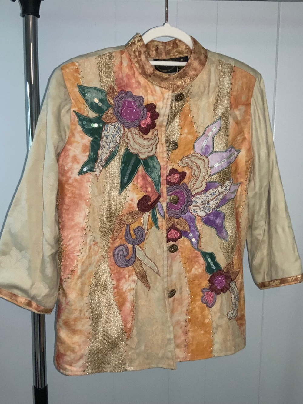 Julia Kim vintage floral embroidered jacket Sz M appliqué sequins beads art to w